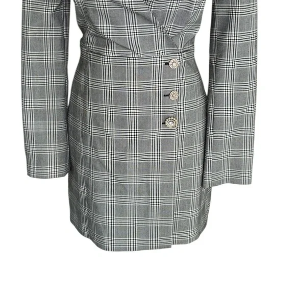 Zara Black & White Plaid Wrap Front Rhinestone Button Blazer Mini Dress - XS - Picture 8 of 16